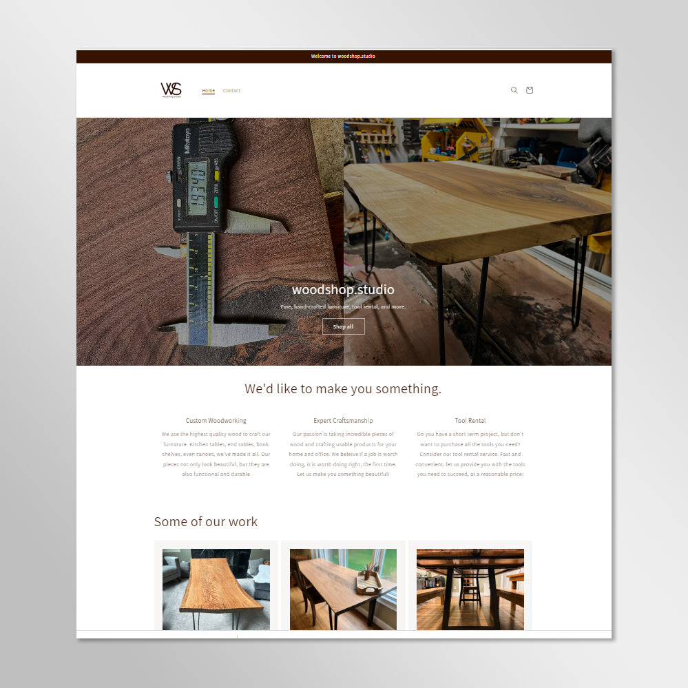 Shopify Basic Website Package – Simple, Affordable Shopify Site Design for woodworking studio. Features custom furniture images and clean layout.