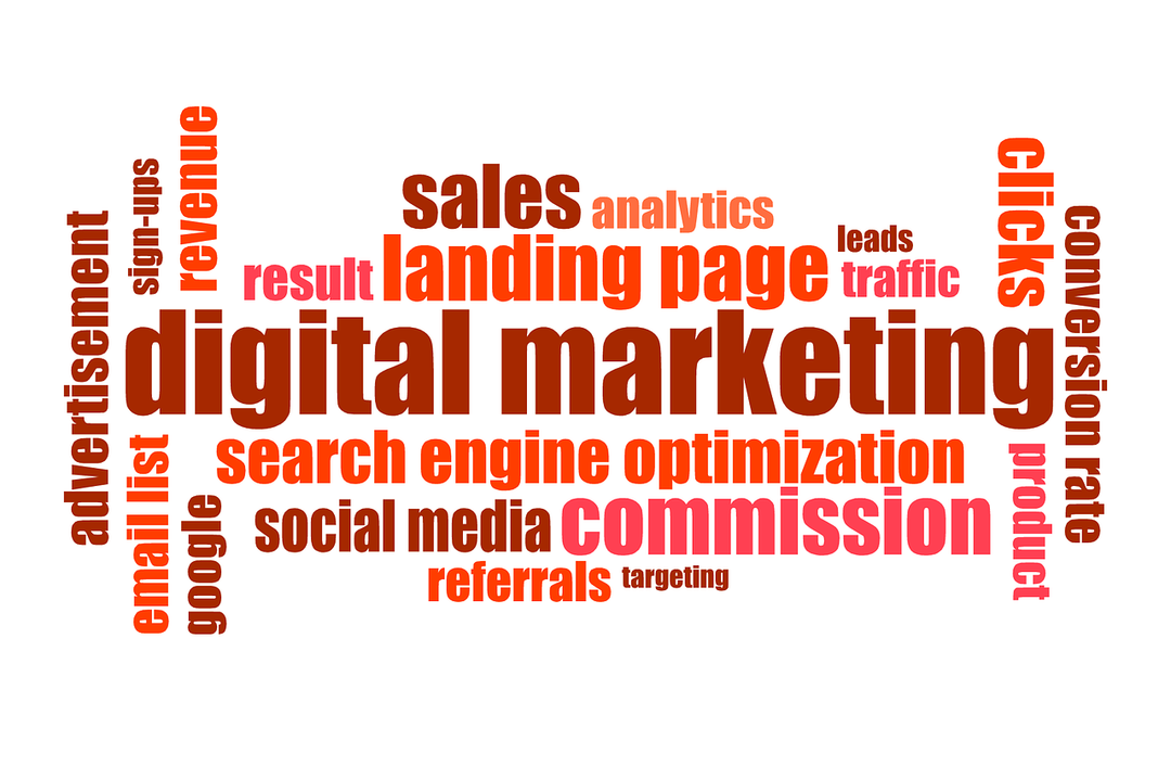 An illustration of digital marketing tools written on a white background.
